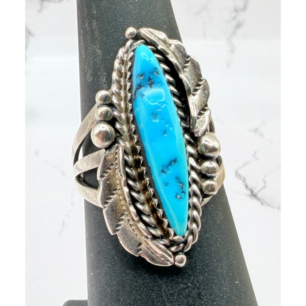 JR Signed Turquoise Color Glass Cabochon Statement Ring Silver Tone Size 6.5